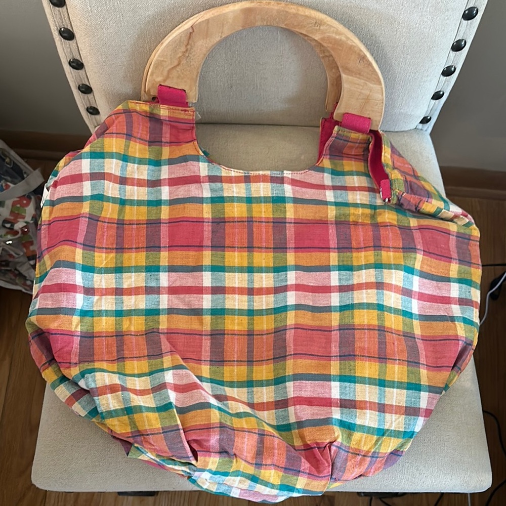 Basix Plaid Vintage Y2K Large Tote Bag Wooden Handles New Pink Yellow